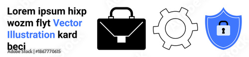 Briefcase, gear, and shield with lock symbolize business, security, and workflow. Ideal for professional processes, cybersecurity, business services, digital strategy operations corporate identity