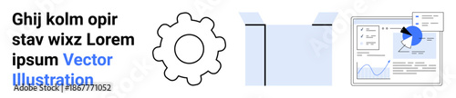 Business analytics, project management, workflow visualization, data presentation, productivity tools, information systems. Gear, open box and data chart visual. Business analytics and project