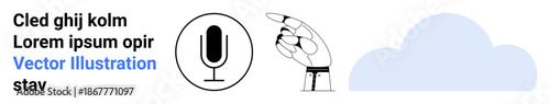 Voice recognition, AI interaction, cloud computing, automation, digital tools, communication networks. Black microphone icon, robotic hand cloud shape side by side. Voice recognition and AI