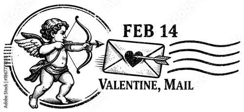 Vintage cupid shoots a love letter marked Feb 14 with a heart-piercing arrow in this romantic retro Valentine’s Day stamp design.
Perfect for cards, social media posts, or romantic email headers.