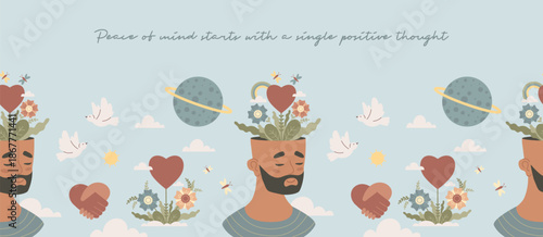 Mental Health Seamless Border. Ethnic Man Head with Heart, Rainbow, Flowers, Planet Dove and Handshake on Blue Background. Horizontal Vector Illustration with Quote. Positive Mindset  Wellness Concept