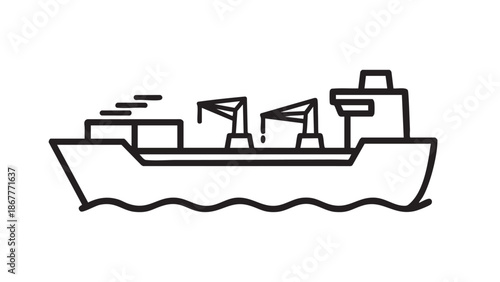 A cargo ship sails across the ocean viewed from the side