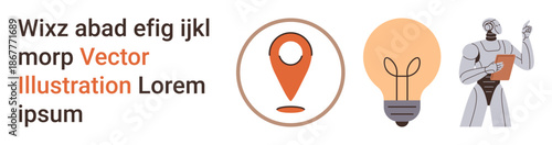 Innovation, artificial intelligence, technology, creativity, navigation, idea generation. A location pin, a lightbulb and a robot holding a clipboard. Innovation and artificial intelligence concepts