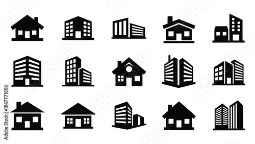 Collection of various building icons on a white background