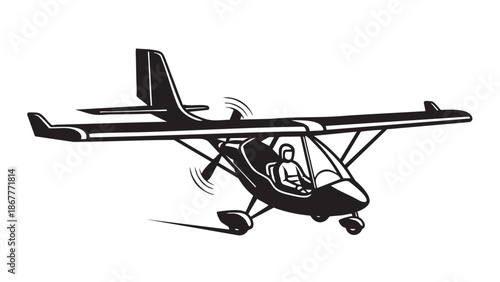 A person flying a small airplane with a single engine and propellers, viewed from the side against a white background