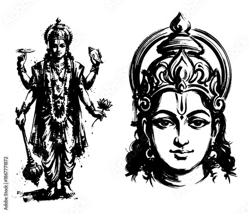 Lord Vishnu standing with four arms holding lotus and conch next to divine face portrait in ink style