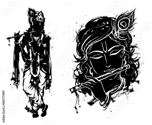 Silhouette of lord Krishna playing flute and close up portrait with peacock feather in grunge ink style