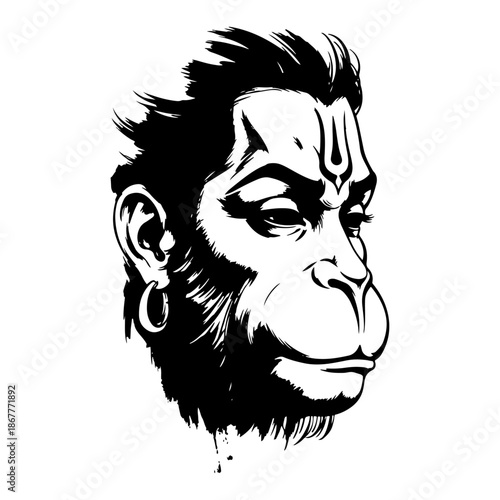 Artistic black and white ink portrait of Hindu monkey god Hanuman in profile