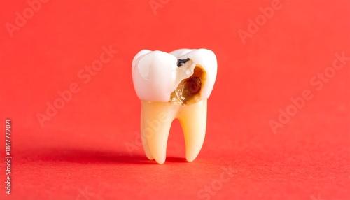 Dental abscess with pus-filled pocket at tooth root, urgent medical issue on red background.