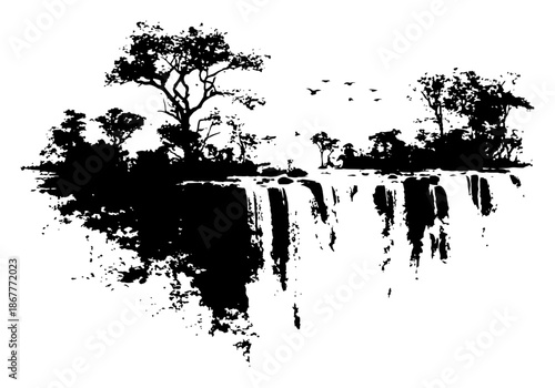 Majestic waterfall landscape with trees and flying birds in ink style
