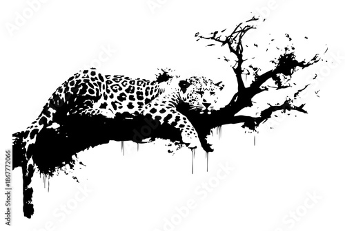 Wild leopard resting on a tree branch in grunge ink sketch style