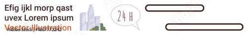 Customer service, 24-hour availability, urban planning, communication, business hours, urban living. City skyline with speech bubble showing 24H service and placeholder text. Customer service