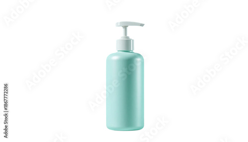 Pale blue pump bottle for liquid product, cosmetic or hygiene packaging, isolated on white background, with clipping path