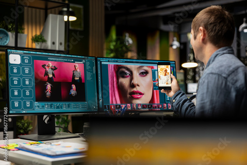 Skilled photo editor working on creative editing and generating content, creating materials for the portfolio with artificial intelligence. Professional designer employs AI chatbot.