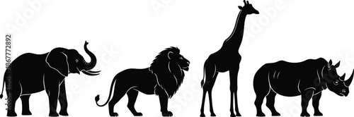 Set of 4 safari animals silhouette elephant lion giraffe and rhino side view standing poses