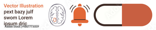 Cognitive enhancement, alertness, medication, brain health, neuroscience, pharmaceutical. Brain illustration, alert bell and capsule icon. Cognitive enhancement and alertness concept
