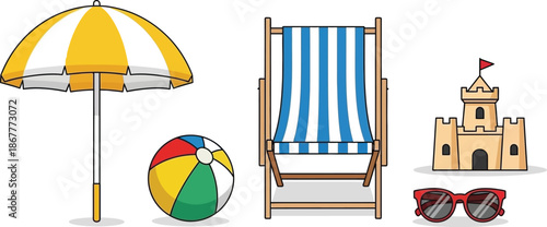 Set of 5 beach holiday items flat design sun umbrella deck chair beach ball sand castle and sunglasses