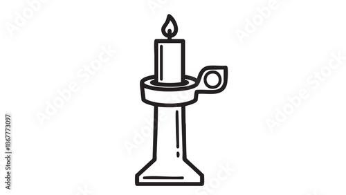 A candle lit on a candlestick holder in a peaceful environment viewed from the front