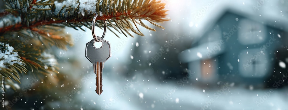 Fototapeta premium House key hanging on pine branch in snowy winter forest with copy space. Banner for sale and purchase of houses.