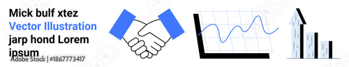 Business growth, financial strategies, teamwork, success metrics, partnership, progress tracking. Handshake, line graph and bar chart displayed. Business growth and financial strategies