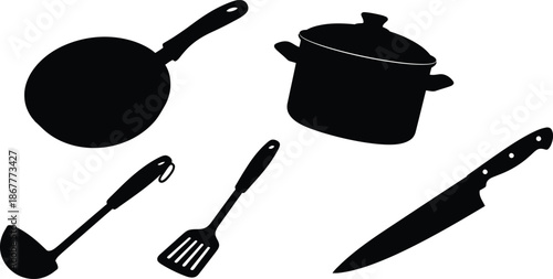 Set of 5 kitchen cookware silhouette frying pan cooking pot ladle spatula and chef knife