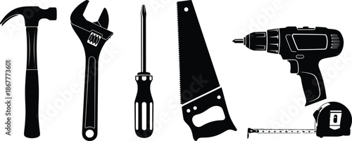 Set of 6 construction tools silhouette hammer wrench screwdriver saw drill and tape measure