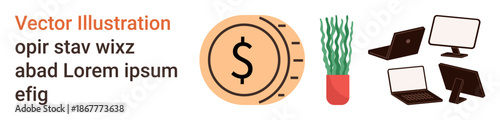 Financial planning, office work, savings, workplace setup, productivity, remote work. Coin with dollar sign, houseplant and computer devices. Financial planning and office work