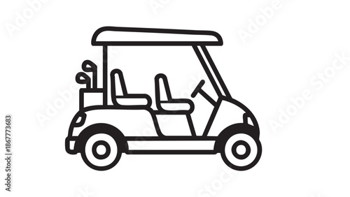 Golf cart driving down a fairway on a sunny day