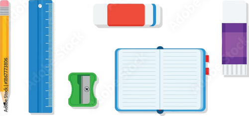 Set of 6 school supplies flat vector pencil ruler eraser sharpener notebook and glue stick