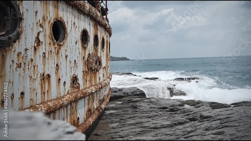 Weathered shipwreck on rocky coastline