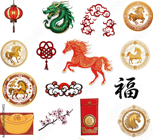 Chinese New Year Vector Elements Set - Red and Gold Lunar New Year Icons with Dragon, Fire Horse, Ingot, Lantern, and Fu Character