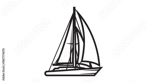 Sailboat gliding across calm waters under clear skies with sails fully extended