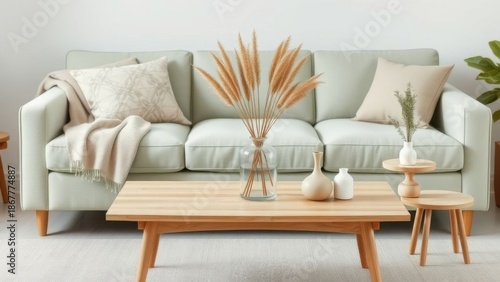 Modern Minimalist Living Room Interior with Light Green Sofa Wooden Coffee Table and Dried Wheat Decor
