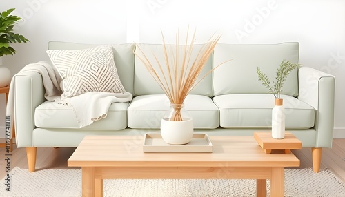 Modern minimalist living room interior with white sofa wooden coffee table and decorative dried pampas grass.