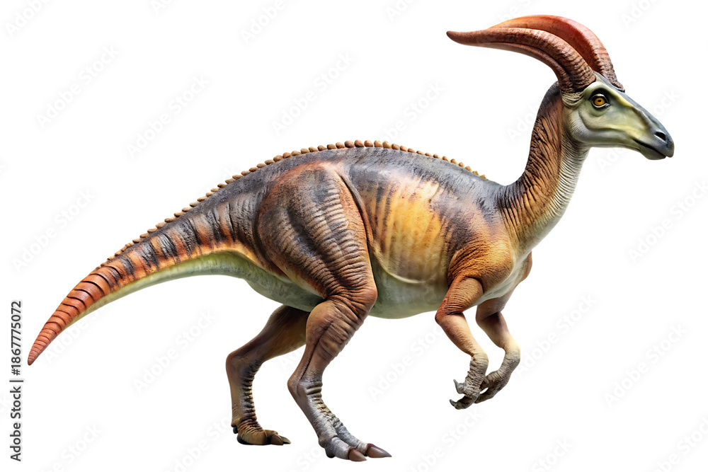 Naklejka premium Parasaurolophus dinosaur model in motion on pure white background isolated on a transparent background