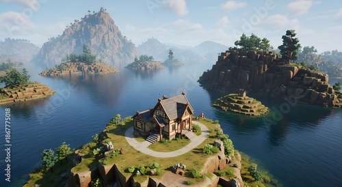 Stunning architectural render of a cozy house built on a series of small lush islands in a serene lake.