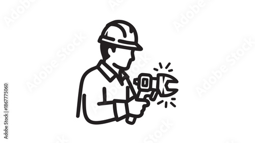 A worker in a hard hat holding a large wrench with sparks, working on machinery, in a factory setting from a side viewpoint