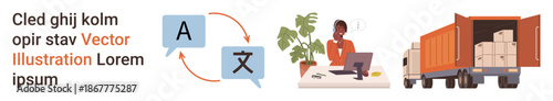Global communication, translation services, e-learning, remote work, business solutions, international logistics. Language translation icon, professional at desk truck with cargo. Translation