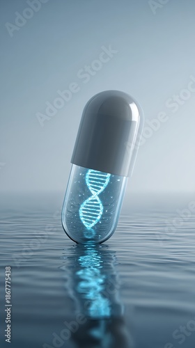 A futuristic medicine concept showing a clear capsule enclosing a shining DNA helix in a minimal environment