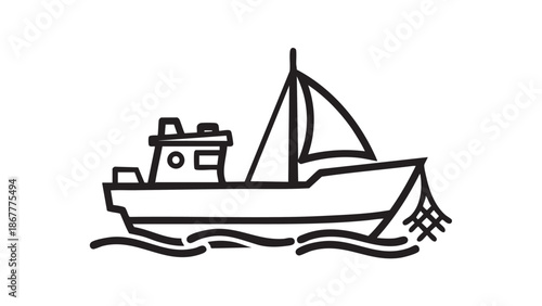 A sailing boat floats on calm waters with a fishing net hanging over the side