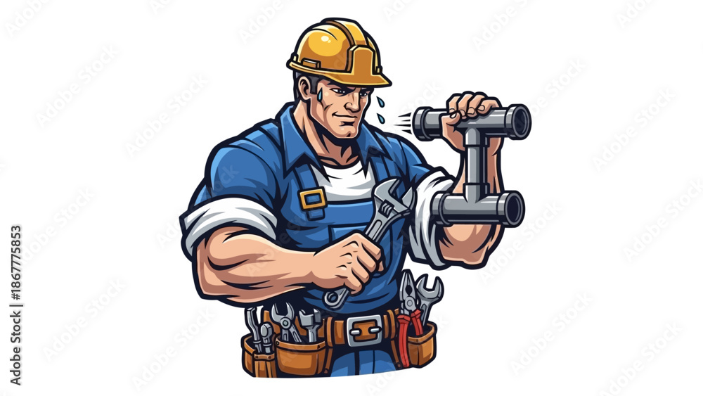 Fototapeta premium Cartoon Plumber Fixing Pipe with Wrench and Wearing Hardhat.