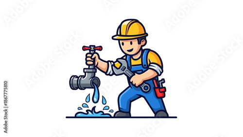 Cartoon Plumber Fixing a Leaky Faucet with Wrench.