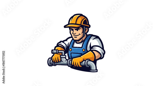 Cartoon plumber character holding pipes with a determined expression.