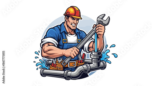 Cartoon Plumber Fixing Leaky Pipe with Wrench.