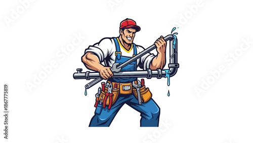 Cartoon Plumber Fixing Leaky Pipe with Wrench Illustration.