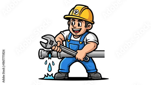 Cartoon Plumber Fixing Leaky Pipe with Wrench.