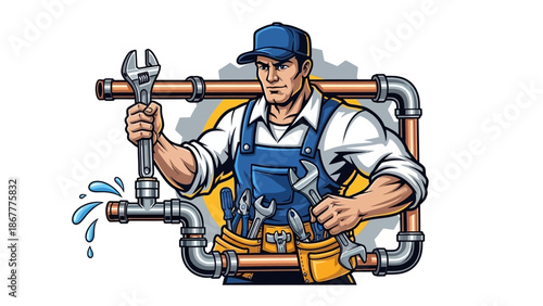 Cartoon Plumber Fixing Leaky Pipes with Wrench and Expertise.
