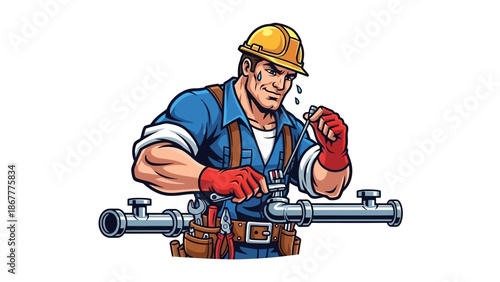 Cartoon Plumber Fixing Pipes with Red Gloves and Yellow Hardhat.
