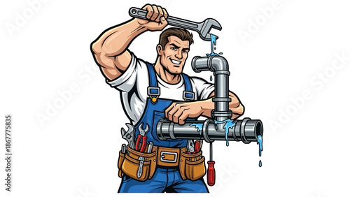 Cartoon Plumber Fixing Leaky Pipes with Wrench.