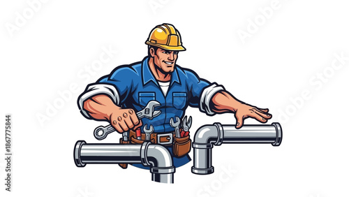 Cartoon Plumber Fixing Pipes with Wrench and Hard Hat.